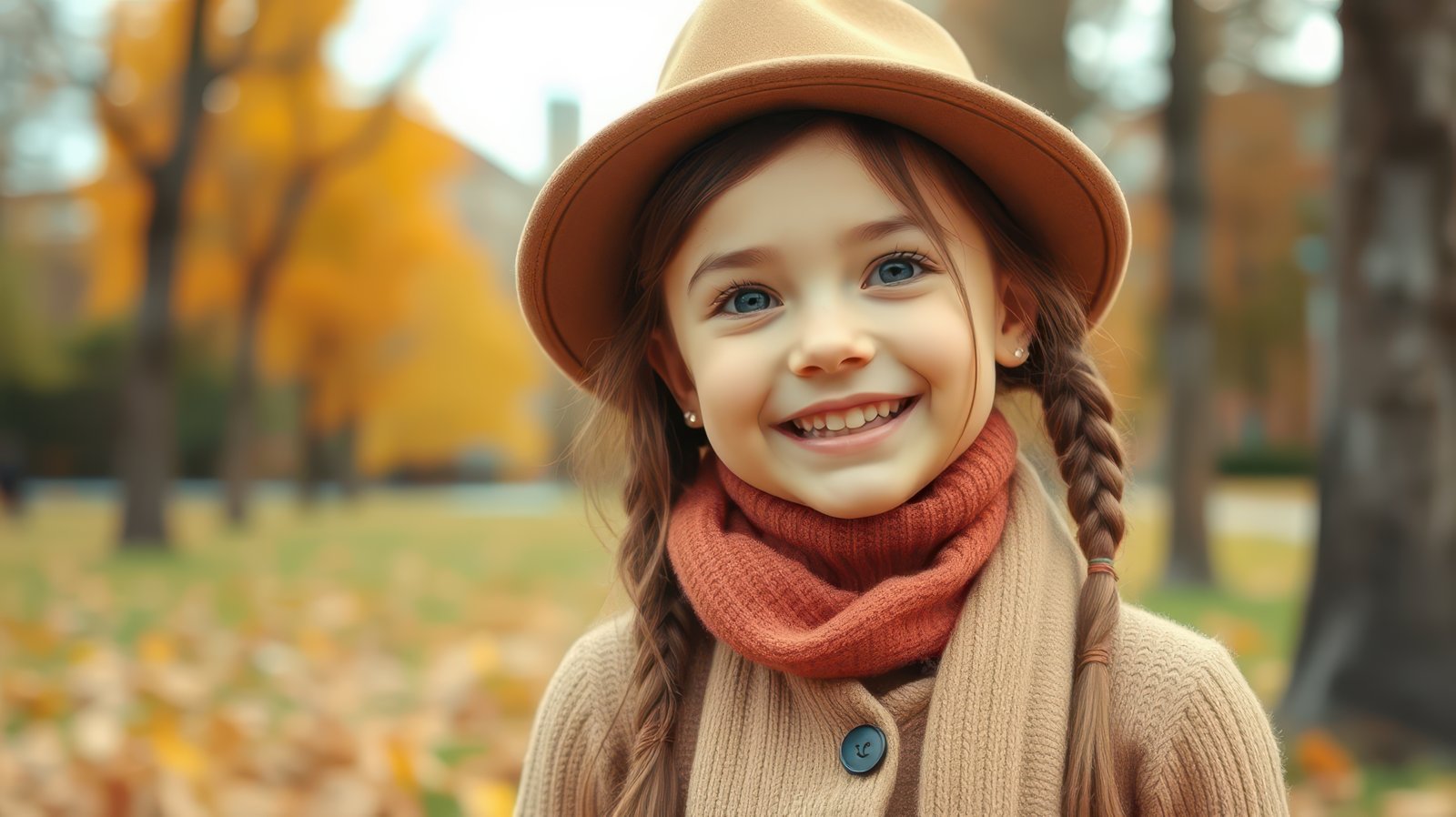 A young girl with braids smiles brightly while wearing a hat and scarf in an autumn park